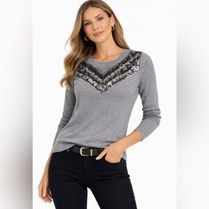Express Gray Sequin Sweater | Metallic Chevron Embellished Knit Top